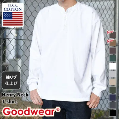 グッドウェア Goodwear 綿100% Tシャツ 長袖 ヘンリーネック メンズ レディース ブランド ロンT カットソー 7.6oz 7.6オンス トップス 厚手 無地 おしゃれ