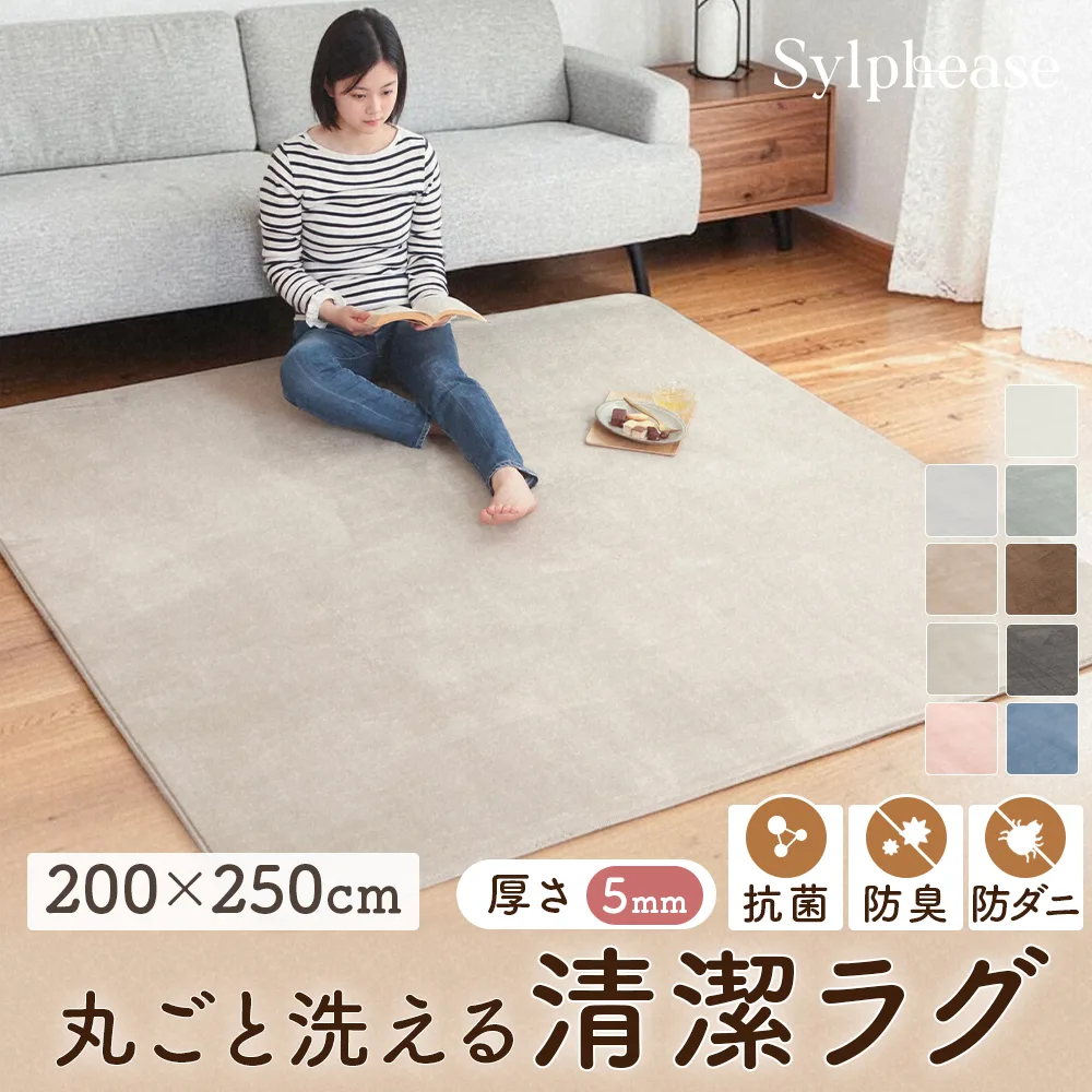ラグ 3畳 カーペット 洗える オールシーズン 防ダニ 抗菌 防臭 無地 滑り止め フランネル 長方形 北欧