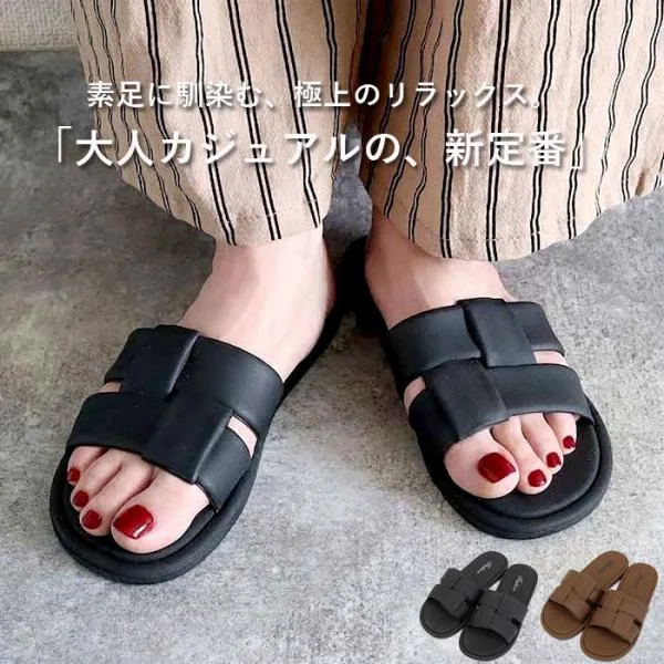 【タイムセール】 サンダル レディース シューズ パフィー ぺたんこ フラット スリッパ 脱ぎ履きしやすい 黒 おしゃれ 韓国 カジュアル 夏 ^bo-974^
