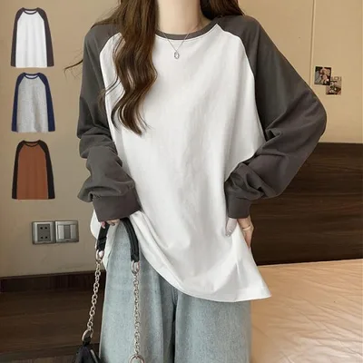 コットン 綿100% Tシャツ ラグラン レディース ロンT 長袖 秋 冬 白 オーバーサイズ バイカラー カットソー 韓国 カジュアル ^t1083^