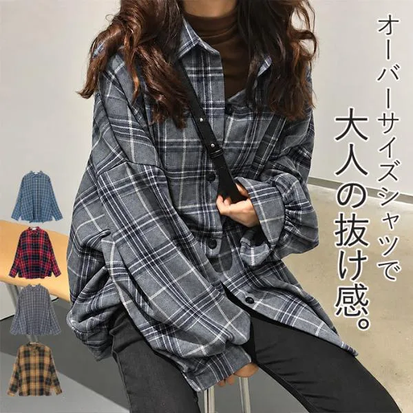 チェック 柄 シャツ トップス レディース ブラウス 長袖 秋 冬 体型カバー オーバーサイズ ゆったり 赤 おしゃれ 韓国 カジュアル ^v126n^