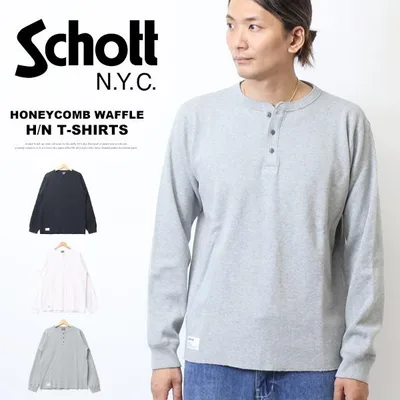 Schott Shot Honeycomb Waffle Henley Neck Long Sleeve T-Shirt Men's Long T-Long T-Thermal T-Shirt Free Shipping 782-3930004 782-5930007