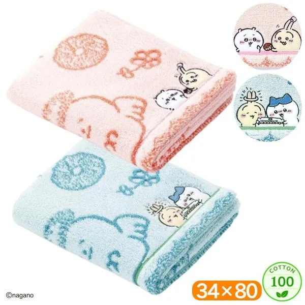 ちいかわ フェイスタオル ドーナツ食べよ 34×80 綿100 タオル スポーツタオル ロングタオル 厚手 吸水 やわらか キャラクター かわいい