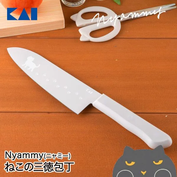 貝印 Nyammy ねこの 三徳包丁 165mm ウォームグレー 000AB5805 | ニャミー 猫 ネコ柄 ねこ柄 猫柄 ほうちょう 三徳 包丁 片刃 かわいい 可愛い ステンレス