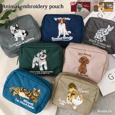 ポーチ 小物入れ レディース ミニポーチ アニマル 刺繍 小さめ 軽い シュナウザー 犬 猫 撥水 マチ付き 小物 化粧ポーチ ネコ イヌ 動物 持ち歩き 旅行 かわいい