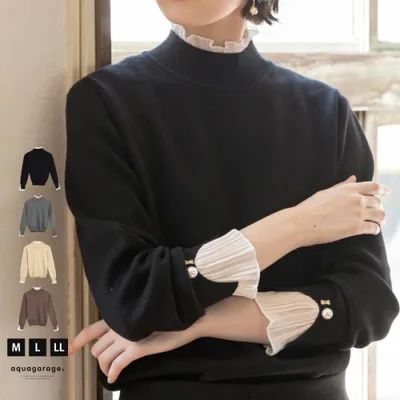 ニット レディース 袖・襟シフォンプリーツニットトップス セーター 春 秋 冬 M L LL 長袖 ≪ゆうメール便配送30・代引不可≫
