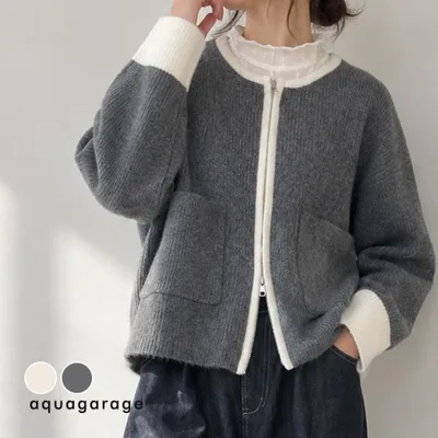 カーディガン ニット レディース ダブルZIP ジップ ZIP 配色 バイカラー 長袖 スポンジニット 春秋冬 春 秋 冬 羽織り ファスナー ローゲージ ゆったり
