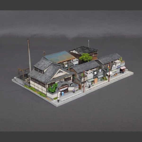 ユニット・ジオラマ 「商店長屋と銭湯(金魚湯)」 :岡田忠明 塗装済完成品 N(1/150)