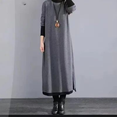 ロングワンピース ワンピース レディース マキシ丈 ロング丈 ハイネック ゆったり 体型カバー もこもこ 大人 シンプル 秋 冬 30代 40代 50代