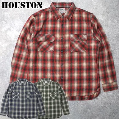 HOUSTON ヒューストン #41371 長袖 ヴィンテージ オンブレチェック フランネルシャツメンズ 男性 トップス ロングスリーブ チェック柄 ビンテージ カジュアル
