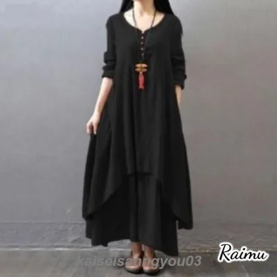 ワンピース ロングワンピース 麻綿ワンピース Aラインワンピース レイヤード風 ゆったりワンピース シンプル 無地
