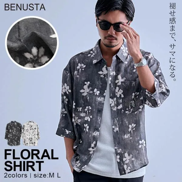 シャツ メンズ BENUSTA 7分袖 花柄 プリント 麻混 リネン カジュアル モード 白 黒 40代 50代 春 夏 ちょいワルファッション50 爆買 父の日