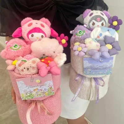 Sanrio สไตล์ Kuromi My Melody Cinnamoroll Bouquet ตุ๊กตาของเล่นน่ารักของขวัญวันเกิดคริสต์มาสปัจจุบัน Shichi-Go-San วันแม่