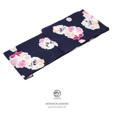 浴衣 レディース 単品 bonheur saisons ボヌールセゾン 濃紺色 ネイビー 白 ピンク 雪輪 梅 花 金魚 紅梅織 綿 女性用 フリー