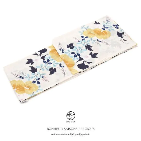 浴衣 レディース 単品 bonheur saisons ボヌールセゾン 白 オフホワイト 黄色 萩 葛 秋草 綿麻 女性用 フリー 送料無料