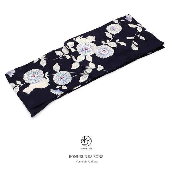 浴衣 レディース 単品 bonheur saisons ボヌールセゾン 濃紺色 ネイビー 生成色 菊 キク 花 猫 ネコ ねこ レトロ 綿麻 女性用 フリー 送料無料