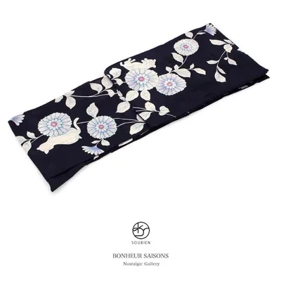 浴衣 レディース 単品 bonheur saisons ボヌールセゾン 濃紺色 ネイビー 生成色 菊 キク 花 猫 ネコ ねこ レトロ 綿麻 女性用 フリー 送料無料