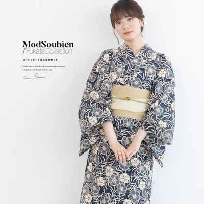 浴衣 レディース 浴衣セット 夏 大人 F 半幅帯 3点 ネイビー ベージュ 紫 綿 麻 帯 レディース浴衣 女性 ゆかた ユカタ yukata モダン レトロ 創美苑