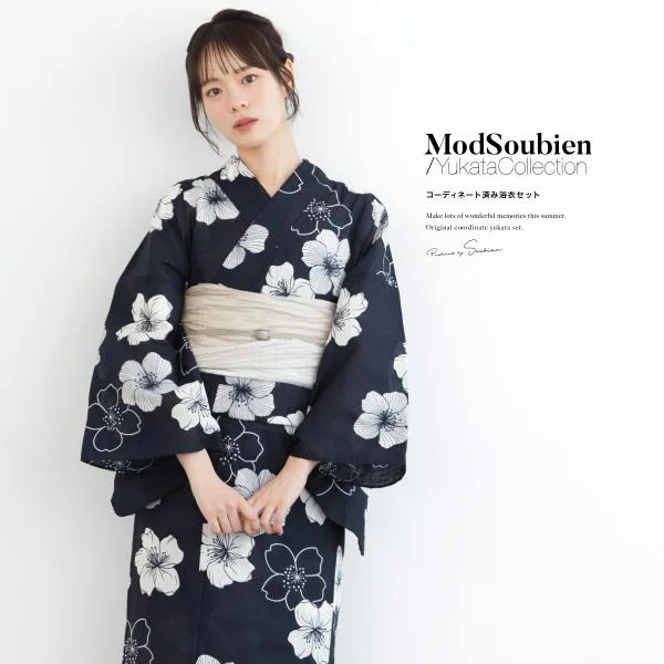 浴衣 セット レディース 浴衣セット 兵児帯 3点セット 涼しい 白 紺 桜 レトロ モダン シンプル 花柄 綿 大人 帯 下駄 フリー 送料無料