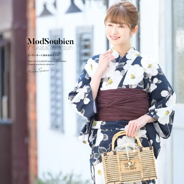 Yukata Women's Set Retro Yukata Set Adult 3 Piece Set Navy Blue Bordeaux White Camellia Flower Absorbent Quick Drying CoolPass Summer Fireworks Festival Women's S/Free