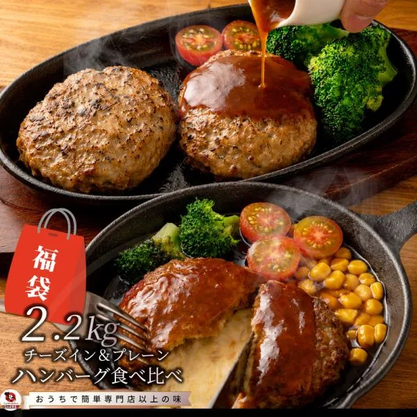 ハンバーグ 食べ比べ 豪華 福袋 メガ盛り 2.2kg 2種セット (プレーン100g×12個、チーズイン100g×10個) 惣菜 お弁当 業務用 爆買