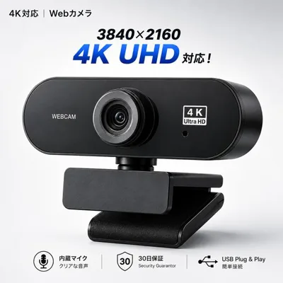 Webカメラ 4K UHD 3840x2160 マイク内蔵 ウェブカメラ 高画質 USB PCカメラ Windows Mac zoom teams skype オンライン会議 テレワーク 在宅勤務 リモートワーク