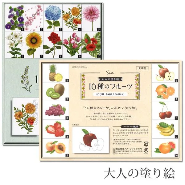 大人の塗り絵 10種各4枚 見本付 10種の花 10種のフルーツ 7.6×5.5cm カード しおり 手作り 日本製 メール便発送