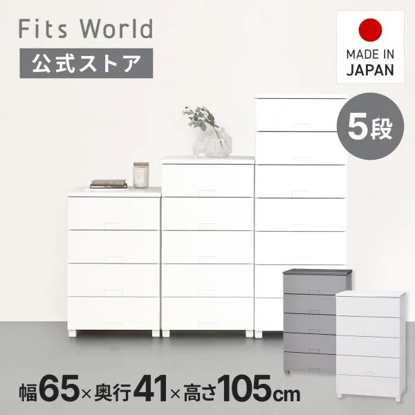 【10/25限定!15%OFFクーポン】収納ケース フィッツチェスト フルフラット 6505 5段 幅65 高さ105cm ホワイト グレー 天馬 日本製 完成品 cp