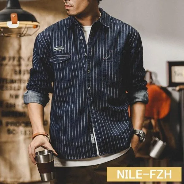 シャツ メンズ デニムシャツ メンズシャツ 長袖シャツ メンズ ストライプシャツ アメカジ 柄シャツ メンズ 厚手 紺 秋服 メンズ