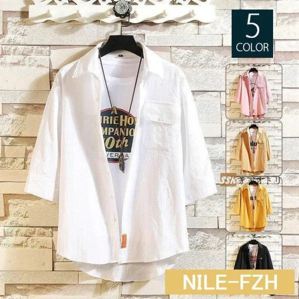白シャツ メンズ シャツ 夏服 七分袖シャツ ビッグシルエット ゆったり 7分袖 トップス カジュアルシャツ