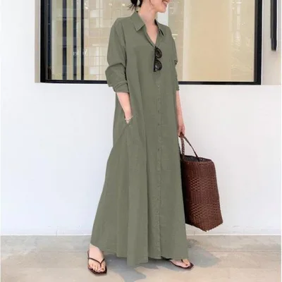 Shirt Dress, Long Dress, Women's, Loose, Maxi Dress, Spring/Summer, Body Coverage, 30's, 40's, Long Sleeve