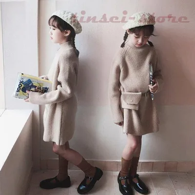 韓国子供服 ワンピース 秋冬 女の子 キッズ 長袖ワンピース ジュニア 膝丈 無地ニットワンピース セーター ボトルネック ベルト付き こども服 可愛い 小学生