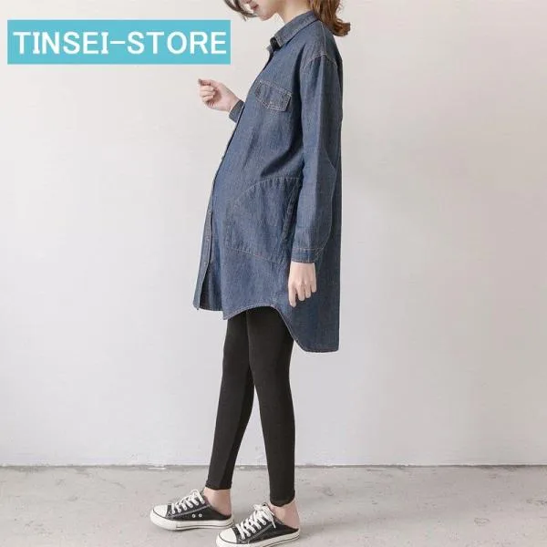 授乳服?マタニティ デニムロングワンピース ワンピ マタニティ ワンピース デニムワンピ 長袖 秋 春 前開き シャツワンピ シャツワンピース ロングワンピース