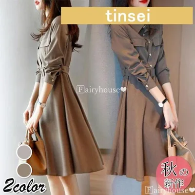 シャツワンピース レディース 40代 キレイめ 膝丈ワンピース 秋服 長袖ワンピース Aラインスカート ロング丈 オシャレ大人 通勤OL 着痩せ お出かけ 30代 50代