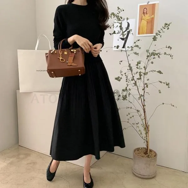ロングワンピース レディース 長袖 春 黒 卒業式 入学式 母 服 30代 40代 秋 冬 きれいめ ニットワンピース 着痩せ 体型カバー 異素材 切り替え カジュアル