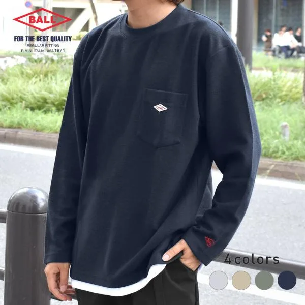 Tシャツ メンズ 長袖 鹿の子 ロゴワッペン カジュアル 重ね着風 ゆったり 無地 ロゴ刺繍 胸ポケット レイヤード 春 秋 BALL 65706