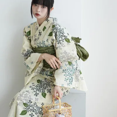 浴衣 セット レディース utatane フリーサイズ 3点セット 浴衣/帯/下駄 綿麻 紫陽花 緑 先染めベージュ 古典柄 美人あじさい レトロ ●