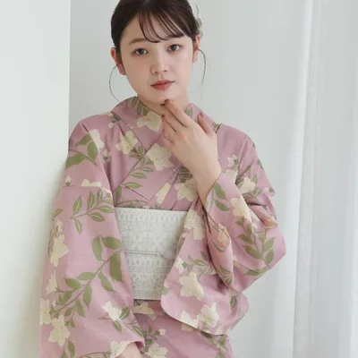 浴衣 レディース セット 綿麻 高級変わり織 utatane 先染めベージュ・ピンクに桔梗 フリーサイズ 特選・麻混/綿麻 デパート品質 浴衣・帯・下駄 ●