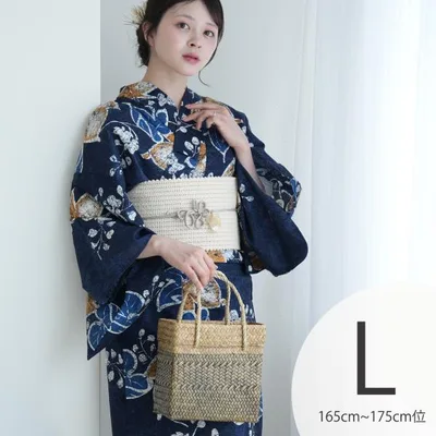 浴衣 レディース セット トールサイズ utatane 浴衣 3点セット 高級変わり織 葡萄葉の月の雫・ローケツ風 Lサイズ 浴衣・帯・下駄 高身長 大きい 紺 ●