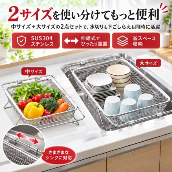 水切りかご 伸縮式 2点セット SUS304 ステンレス シンク上 水切りラック 食器 野菜 水切りバスケット 省スペース 大容量 キッチン収納 便利