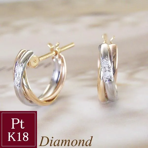 ピアス トリニティ 天然 ダイヤモンド k18 18金 プラチナ Pt900 アクセサリー 3連 3色 フープピアス 2営業日前後の発送予定