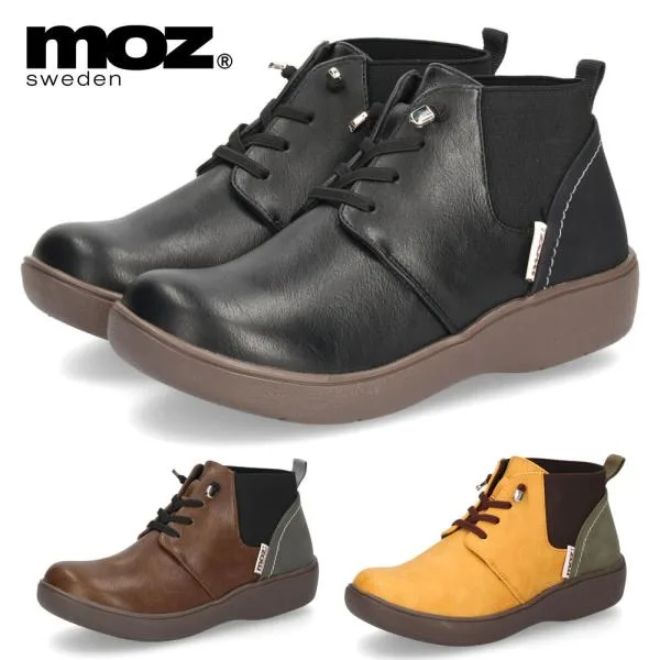 moz モズ レディース ブーツ 黒 歩きやすい レースアップブーツ ショート 軽量 スニーカーソール サイドゴア 402506 ブラック ダークブラウン マスタード