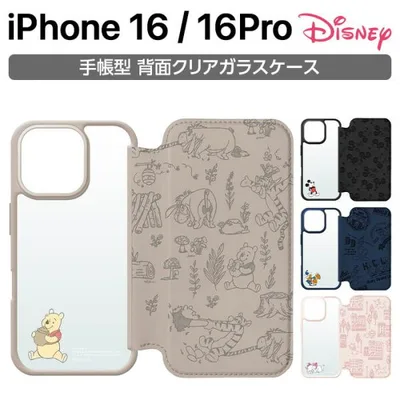 iPhone16 iPhone16 Pro ケース 手帳型 ディズニー ミッキー ドナルド プー マリー 耐衝撃 クリア 背面クリア ガラス ガラスフリップ カード収納 カードポケット