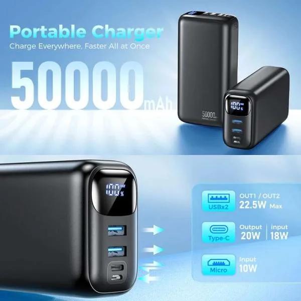 22.5W 急速充電 50000mAh 大容量 モバイルバッテリー 2WAY入力 Type-C+Micro LED残量 3台同時充電 iPhone 携帯充電器 安全回路保護 旅行 出張 停電 地震 E53