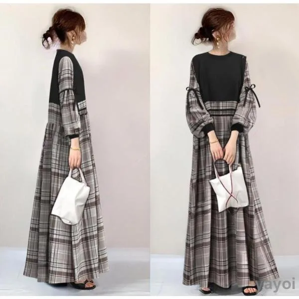 ワンピース40代 秋服50代 レディース 長袖 丸首 パフスリーブ ドッキングワンピース 切り替え ロングワンピース フレアワンピース Aラインワンピース 大人