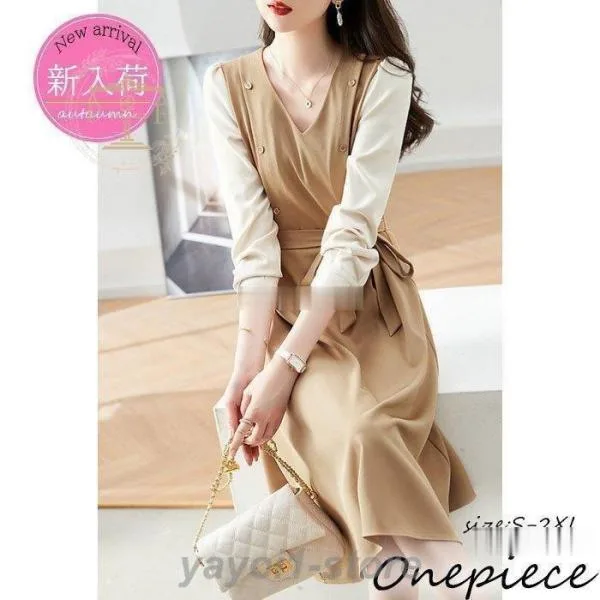 ワンピース レディース 40代 きれいめ 膝丈ワンピース 秋服 長袖ワンピース 配色 Vネック リボン Aラインスカートオシャレ大人 通勤OL 入学式 着痩せドレス