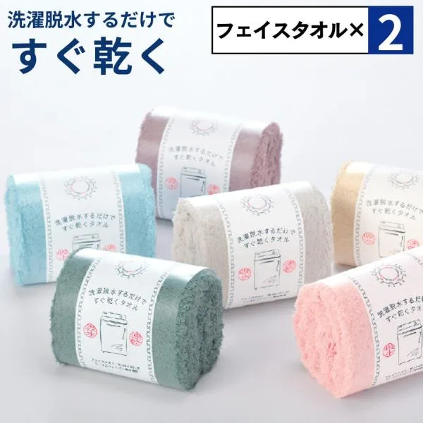 2点セット 洗濯脱水するだけですぐ乾くタオル フェイスタオル 速乾 吸水 薄手 34×80cm マイクロファイバー くすみカラー 新生活 シンプル 日繊商工 母の日 父の