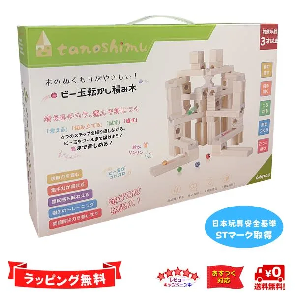 知育玩具 積み木 おもちゃ ビー玉 転がし ピタゴラスイッチ クリスマス プレゼント 木製 ブロック パズル スロープトイ 誕生日 無塗装 tanoshimu 66pcs