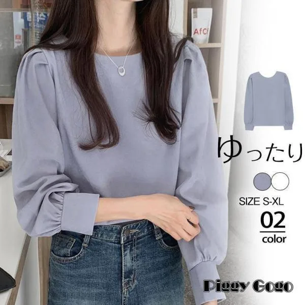 ブラウス レディース シャツ 長袖 オフィス シフォン クルーネック ゆったり パフスリーブ 無地 カジュアル 通勤 韓国風 おしゃれ 春 新作