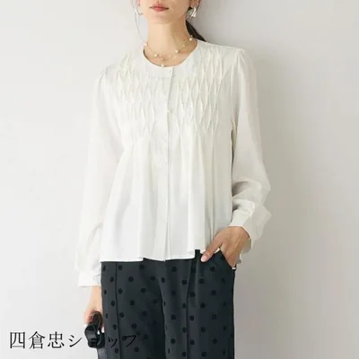ブラウス 長袖 レディース 春 40代 オフィス シャツ トップス プルオーバー フレア タック 丸首 大人きれいめ 30代40代50代 春コーデ 春夏 お出かけ おしゃれ